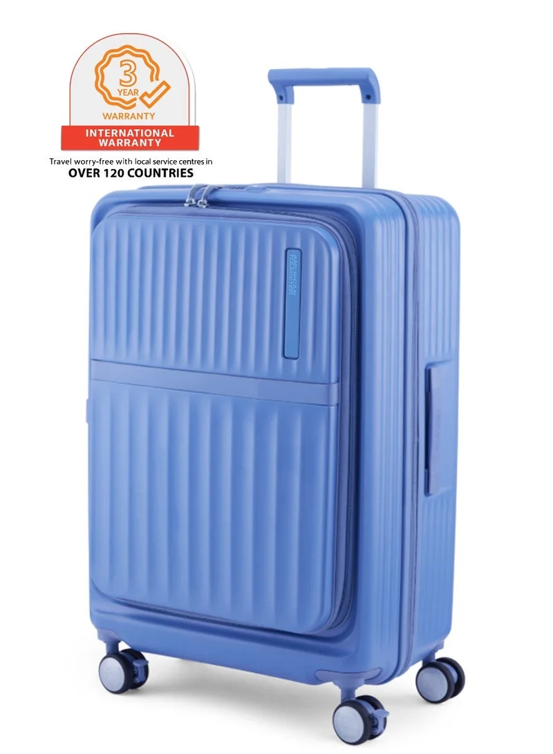AMERICAN TOURISTER Trento + Suitcase, Check-In Size 68 cm / 25 inch, 4 Spinner Wheels, Hard Top, Polycarbonate, Elemental Blue|2 In 1 Optimov™ Shock Absorbing Wheels|Book Opening|DuoSaf™ Security Zipper|Expandable|TSA Lock|Waterproof Section - 3 Years International Warranty